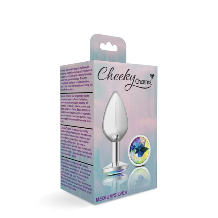 Anal Cheeky Charms Cheeky Charms Silver Round Butt Plug w Clear Iridescent Jewel Large