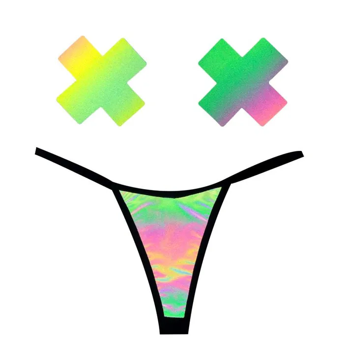 Anal Neva Nude Rainbow Reflective GString X Pastie Set