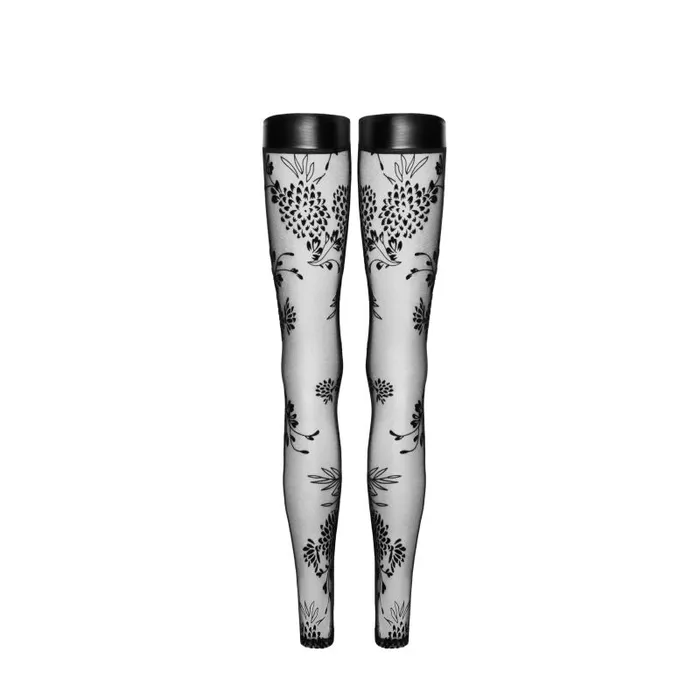 Anal Noir Handmade Tulle Stockings with Patterned Flock Embroidery Power Wetlook Band Black