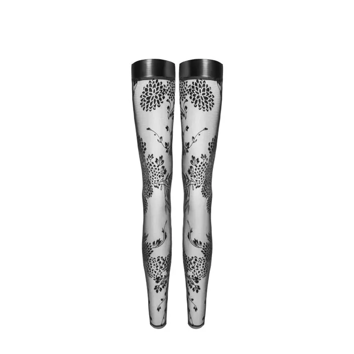 Anal Noir Handmade Tulle Stockings with Patterned Flock Embroidery Power Wetlook Band Black