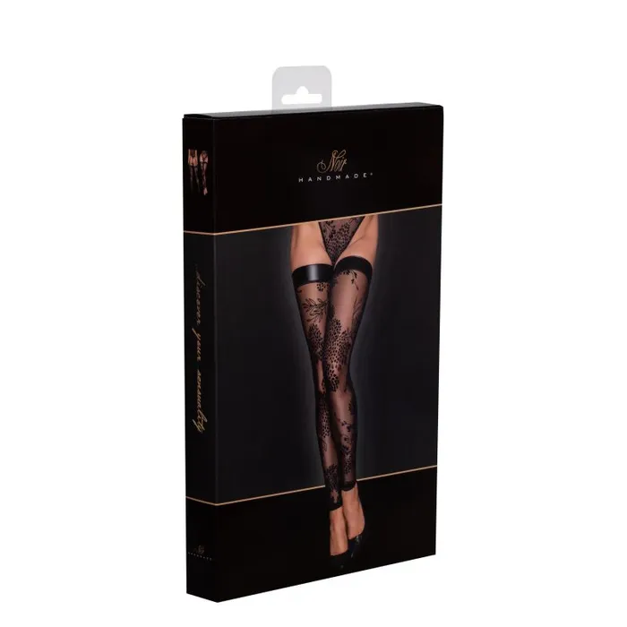 Anal Noir Handmade Tulle Stockings with Patterned Flock Embroidery Power Wetlook Band Black