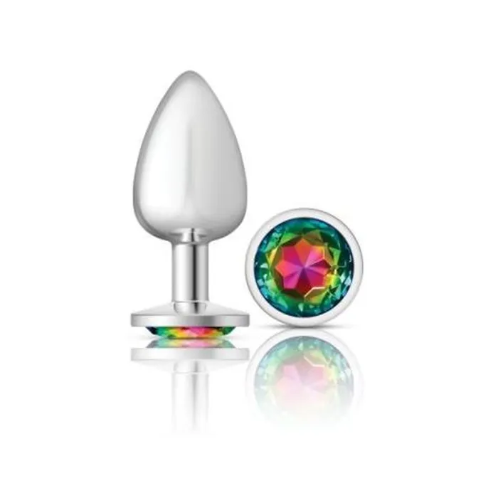 Cheeky Charms Cheeky Charms Silver Round Butt Plug w Rainbow Jewel Large Anal