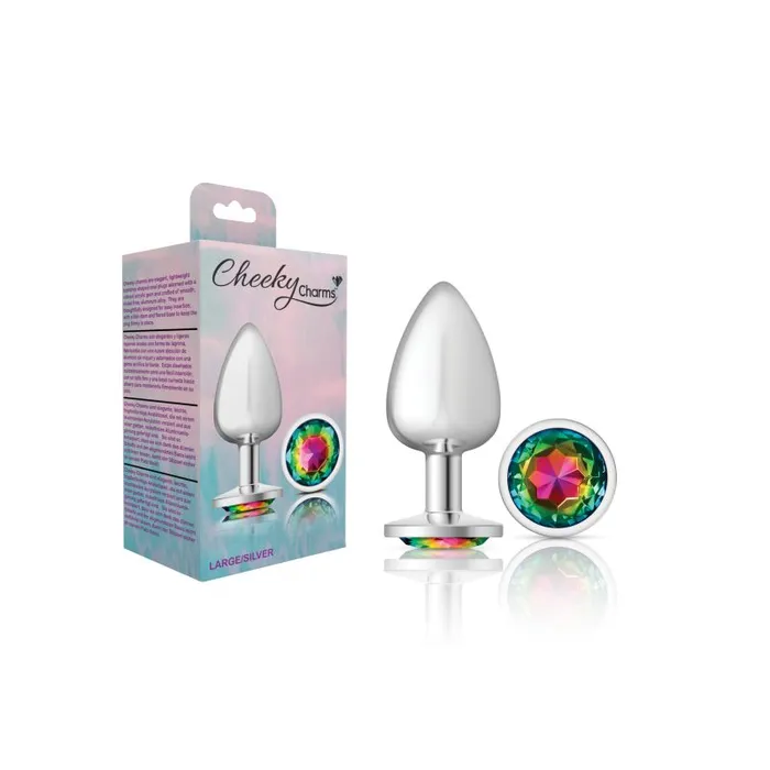 Cheeky Charms Cheeky Charms Silver Round Butt Plug w Rainbow Jewel Large Anal