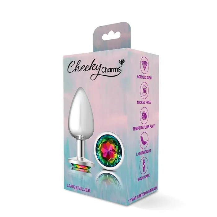 Cheeky Charms Cheeky Charms Silver Round Butt Plug w Rainbow Jewel Large Anal