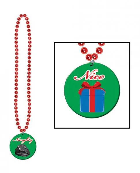 Holiday Beads WNaughty Or Nice Medal GreenRed Beistle Anal