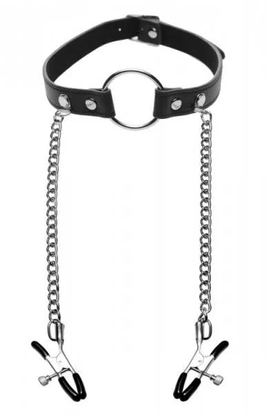 Master Series Couples Seize O Ring Gag With Nipple Clamps Black