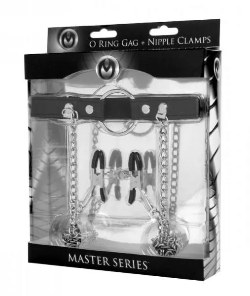 Master Series Couples Seize O Ring Gag With Nipple Clamps Black