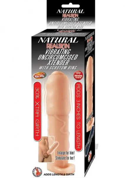 Natural Realskin Male Sex Toys Natural Realskin Vibrating Uncircumcised Xtender Scrotum Ring Beige