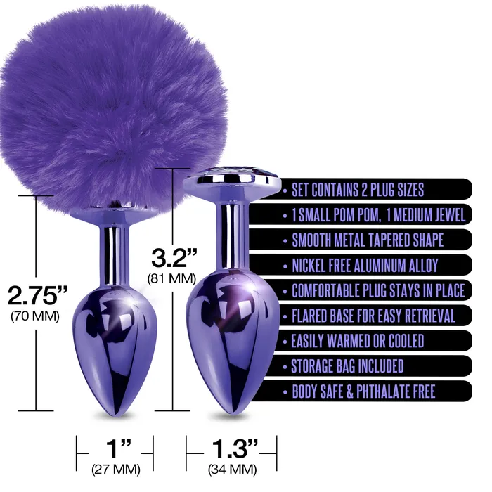 NIXIE Metal Butt Plug Set Pom Pom and Jewel Inlaid Purple Metallic Global Novelties llc Anal