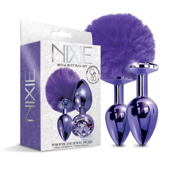 NIXIE Metal Butt Plug Set Pom Pom and Jewel Inlaid Purple Metallic Global Novelties llc Anal