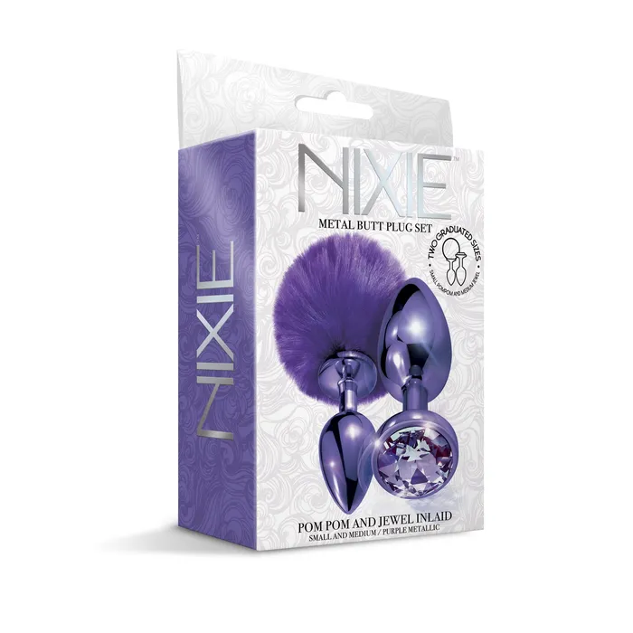 NIXIE Metal Butt Plug Set Pom Pom and Jewel Inlaid Purple Metallic Global Novelties llc Anal