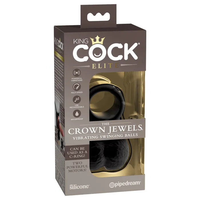 Pipedream Male Sex Toys King Cock Elite The Crown Jewels Vibrating Silicone Balls Black USB Rechargeable Vibrating Cock Ring