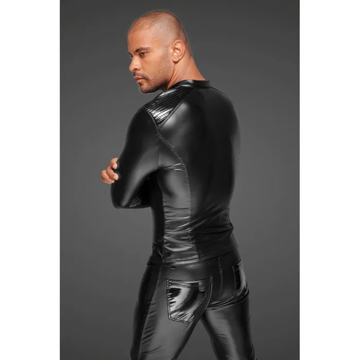 Power Wetlook Mens Jacket w Pleated PVC Epaulets Noir Male Sex Toys