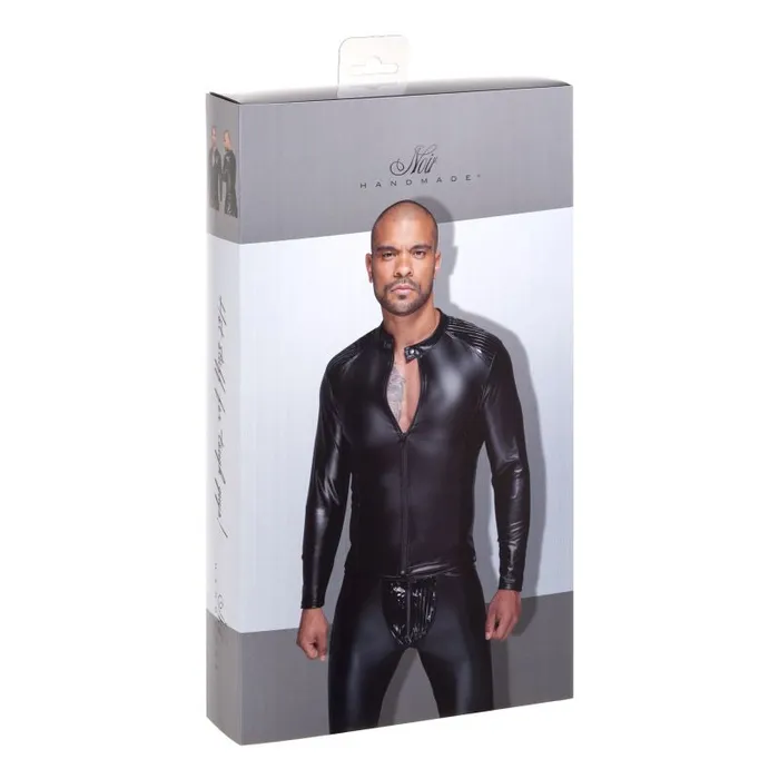 Power Wetlook Mens Jacket w Pleated PVC Epaulets Noir Male Sex Toys