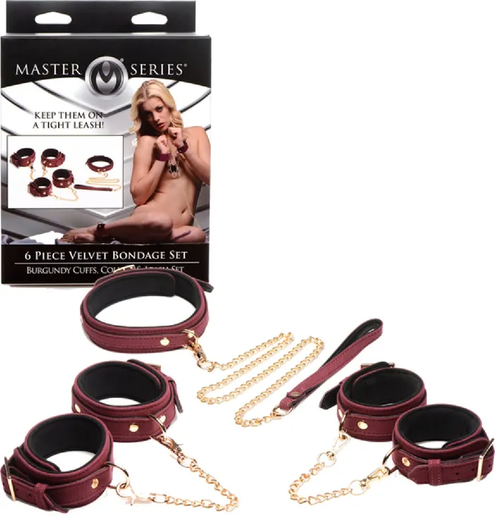 The Master Series 6 Piece Velvet Bondage Set Burgundy XR Brands Couples