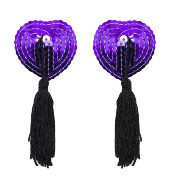 Purple Sequin with Black Tassels Heart Nipple Pasties Extasy Anal