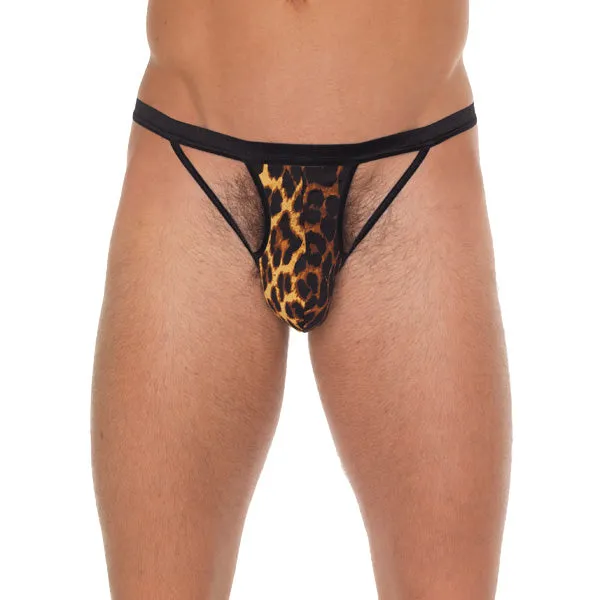 Rimba Mens Black GString With Black Straps To Animal Print Pouch Anal