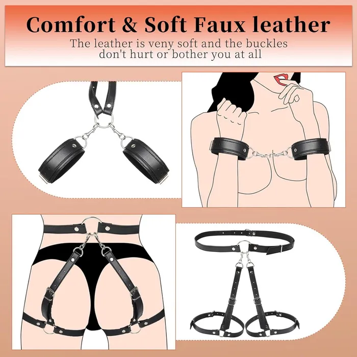 BDSM Bondage Restraints Set Wrist Thigh Cuffs plus Collar Leash SexyPlay Couples