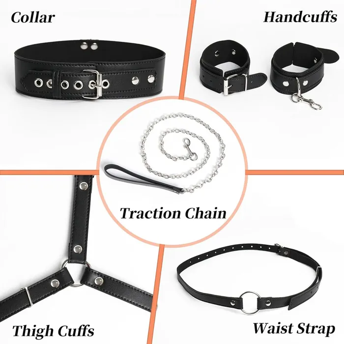 BDSM Bondage Restraints Set Wrist Thigh Cuffs plus Collar Leash SexyPlay Couples